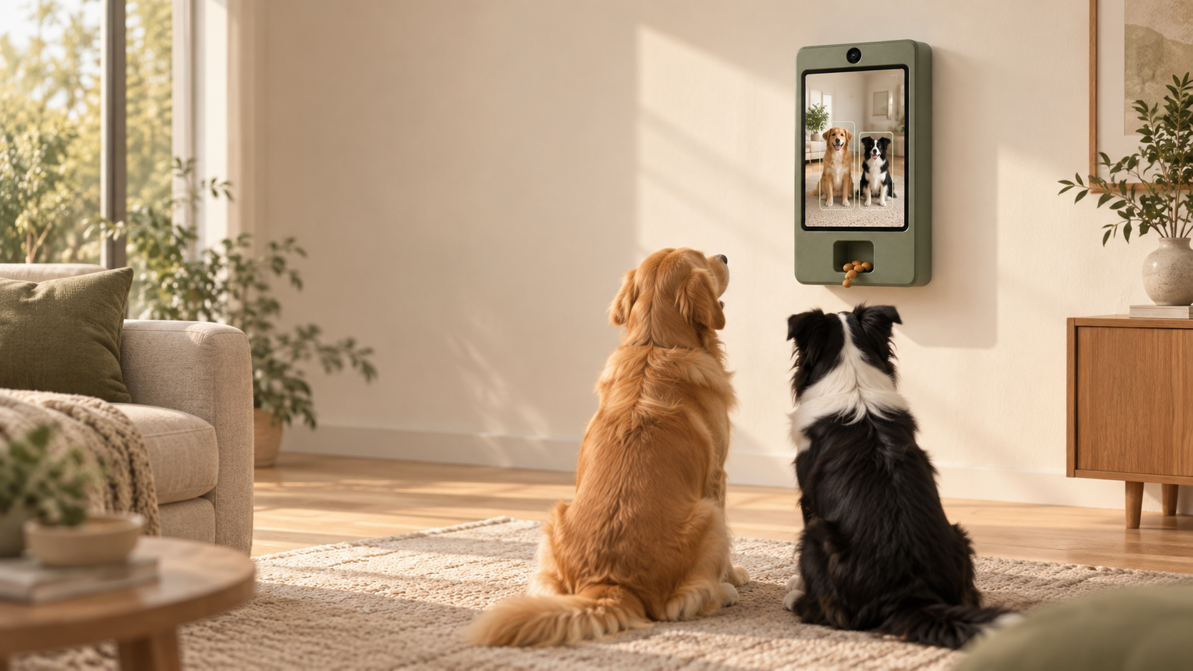 A golden retriever and border collie sitting and looking at Cueby on the wall while Cueby sees both dogs sitting on its screen